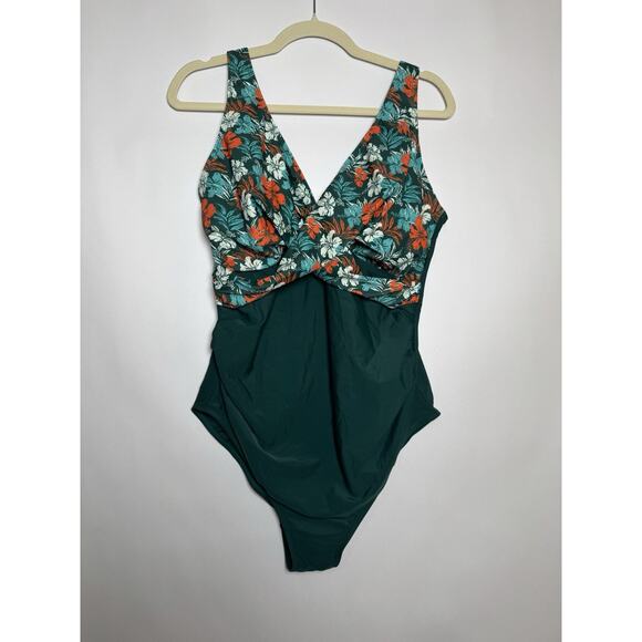 Summer Sunshine Green Floral Maternity One Piece Swimsuit Cross Front Padded NEW - Picture 2 of 6